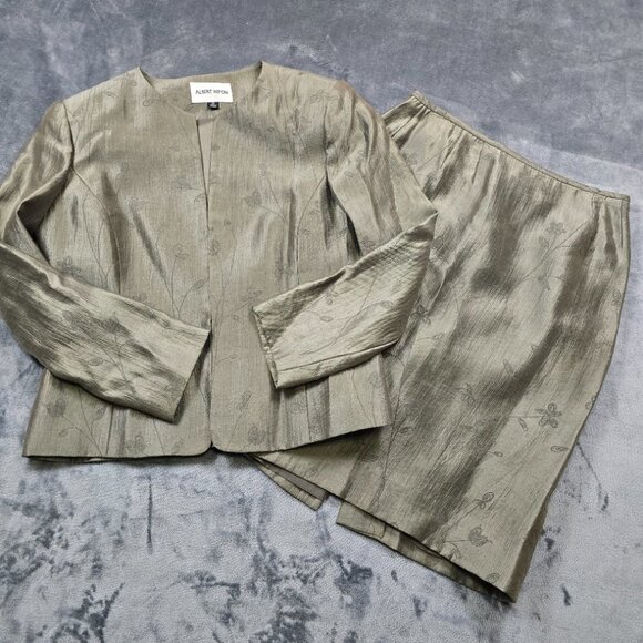 Albert Nipon Skirt Suit Set Womens 12 Sage Green Floral Blazer Textured Career - Picture 16 of 16